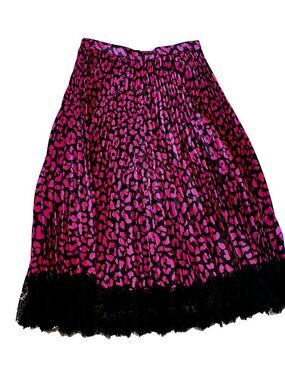 Hot Pink Leopard Pleated Midi Skirt with Lace Hem